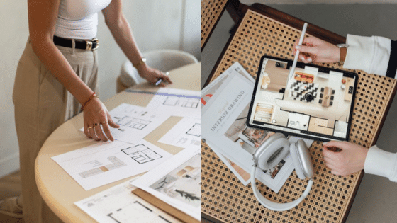 Person reviewing house plans on table and tablet, showcasing interior design ideas and layouts.