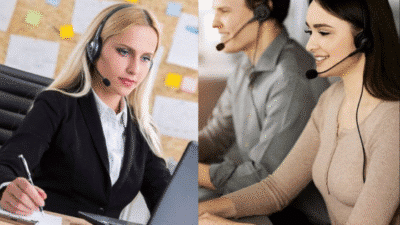 Two call center operators wearing headsets, focused on their work at computers in a collaborative office setting.
