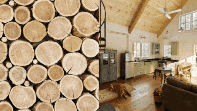 Cozy cabin interior with wood log wall, warm lighting, and rustic decor, featuring kitchen and living space.