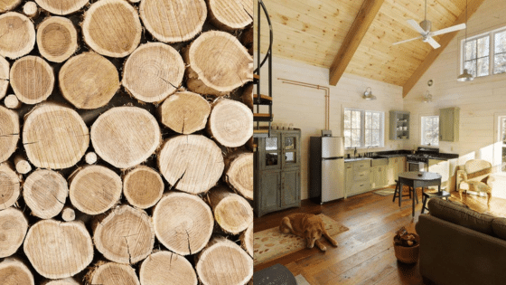 Viewing Deck Blog 2 Cozy cabin interior with wood log wall, warm lighting, and rustic decor, featuring kitchen and living space. | Sky Rye Design Cozy cabin interior with wood log wall, warm lighting, and rustic decor, featuring kitchen and living space.