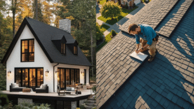 Modern house in forest setting; professional inspecting shingled roof under sunlight.