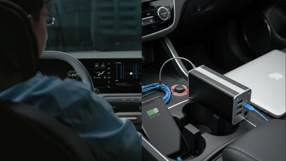 Driver in a car with dashboard display, next to a portable charger powering devices in the console.