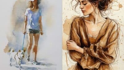 Watercolor painting: woman walking dog in summer attire; thoughtful woman in brown portrait.