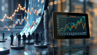 People analyzing stock market graphs on interactive screens and tablets, illustrating financial growth and investment trends.