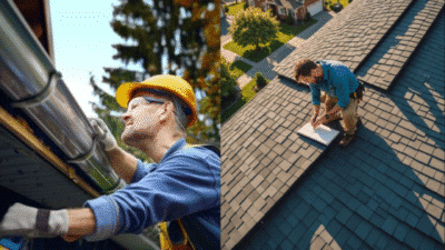 Roof inspection and gutter maintenance by professionals on a residential roof with tools, safety gear, and clipboard.