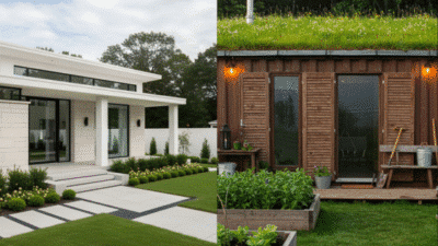 Modern white house and rustic wooden cabin with green roofs, surrounded by gardens and lush landscaping.