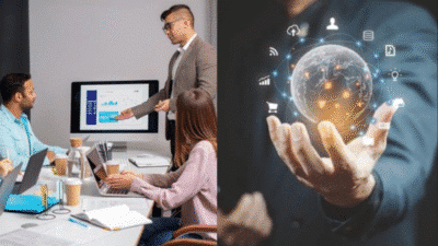 Business meeting with presentation; hand holding digital globe with icons representing technology and communication.