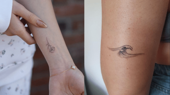 Minimalist tattoos: delicate flower on wrist and wave design on arm. Simple line art style.