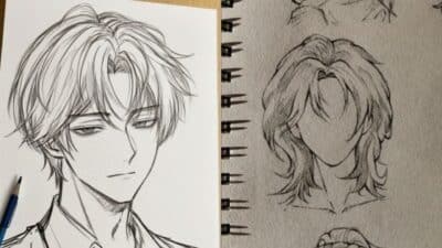 Anime character sketches with pencil. Detailed male face on left, hair and chin outlines on right.