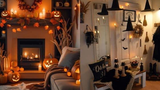 Viewing Deck Blog - 2025-10-01T202915567 Cozy Halloween decor with pumpkins and candles around a fireplace and entryway, creating a warm autumn ambiance. | Sky Rye Design Cozy Halloween decor with pumpkins and candles around a fireplace and entryway, creating a warm autumn ambiance.