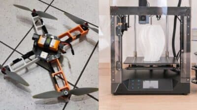 DIY drone alongside a 3D printer with a printed vase. Innovative technology for creative projects.