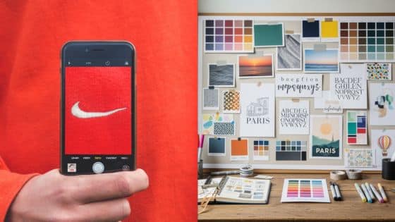 Person holding a phone with a logo, next to a creative mood board with color swatches and typography samples.
