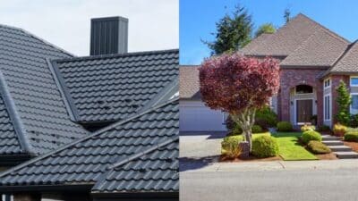 Modern house with dark shingle roof and well-maintained garden, showcasing residential architecture and roofing styles.