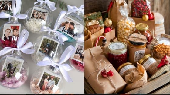 Personalized ornaments and gourmet gift baskets with jars, candy, and festive packaging for the holiday season.