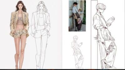 Fashion illustration with completed and sketch designs of two models, showcasing trendy outfits and stylish poses.