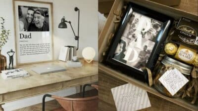 Father's Day gifts: framed photo, chocolates, and greeting cards on a desk and in a gift box.