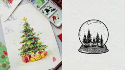 Watercolor Christmas tree with gifts beside snow globe drawing of pine trees.