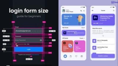 Login form size guide for beginners and mobile course app interface with user and course details.