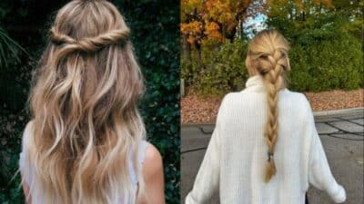 Two hairstyles: twisted half-up on long blonde hair, and a chunky braid, against green and autumn backdrops.