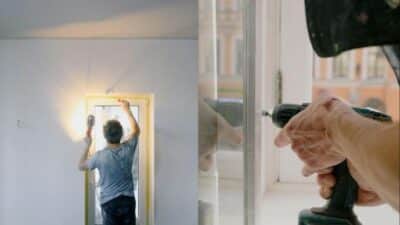 Person installing a window frame with a power drill, focusing on renovation and home improvement work.