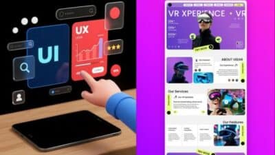 UI/UX design interface on tablet, with VR website layout, showcasing digital experience and technology innovation.