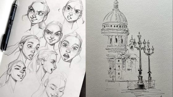 Viewing Deck Blog - 2025-10-09T204513510 Pencil sketches of various female facial expressions and a detailed architectural drawing of a domed building with lampposts. | Sky Rye Design Pencil sketches of various female facial expressions and a detailed architectural drawing of a domed building with lampposts.