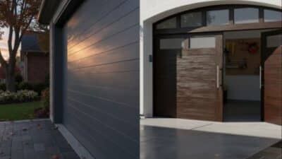 Modern garage doors, one closed and one open, showcasing interior tools and a sunlit exterior driveway.