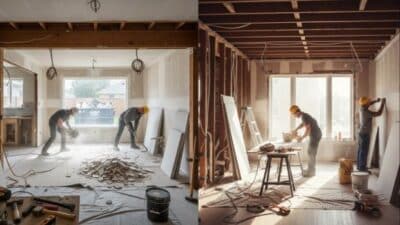 Home renovation in progress with workers installing drywall and removing debris in a bright room.