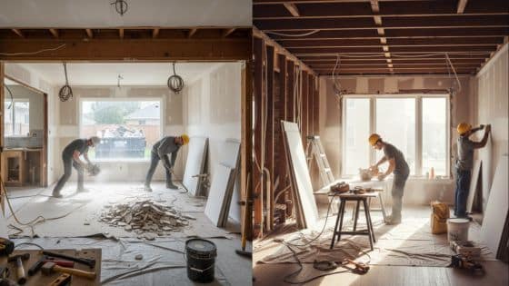 Viewing Deck Blog - 2025-10-11T133318945 Home renovation in progress with workers installing drywall and removing debris in a bright room. | Sky Rye Design Home renovation in progress with workers installing drywall and removing debris in a bright room.