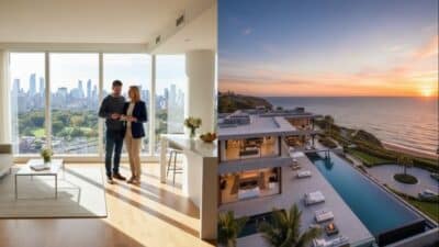 City apartment with skyline view and luxurious coastal villa at sunset, illustrating urban and beachside living.