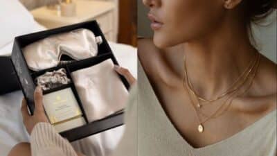 Luxury silk gift set with eye mask and scrunchie next to a woman wearing layered gold necklaces.
