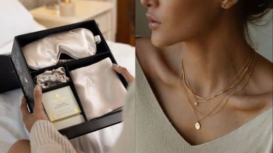 Viewing Deck Blog - 2025-10-11T174614793 Luxury silk gift set with eye mask and scrunchie next to a woman wearing layered gold necklaces. | Sky Rye Design Luxury silk gift set with eye mask and scrunchie next to a woman wearing layered gold necklaces.