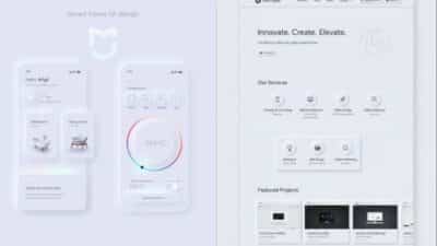 Smart home UI and website design showcasing services and featured projects in a sleek, modern layout.