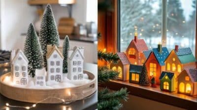 Miniature winter village decorations with snowy trees and lit houses creating a cozy, festive holiday scene.