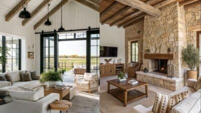Rustic living room with stone fireplace, wooden beams, and cozy seating. Large windows open to scenic view.