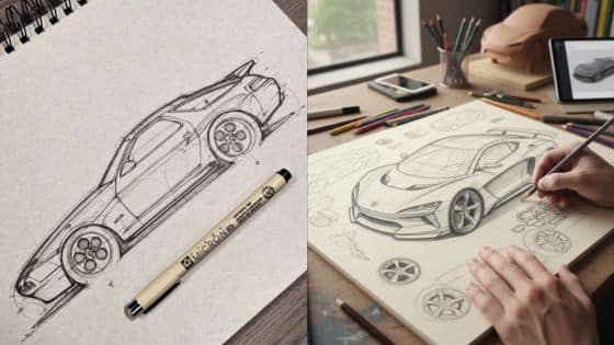 Viewing Deck Blog - 2025-10-13T213228284 Car design sketches with pencil and tablet, showcasing creative automotive concepts and detailed drawing process. | Sky Rye Design Car design sketches with pencil and tablet, showcasing creative automotive concepts and detailed drawing process.