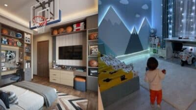 Modern children's bedroom with basketball decor and playful mountain-themed night lights.