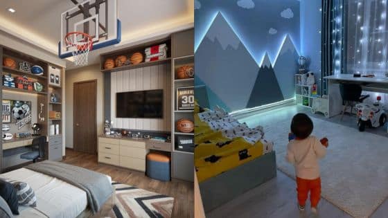 Viewing Deck Blog - 2025-10-13T215038365 Modern children's bedroom with basketball decor and playful mountain-themed night lights. | Sky Rye Design Modern children's bedroom with basketball decor and playful mountain-themed night lights.