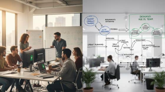 Viewing Deck Blog - 2025-10-15T205455830 Team collaborating on Vue.js development project in modern office with workflow diagram on wall. | Sky Rye Design Team collaborating on Vue.js development project in modern office with workflow diagram on wall.