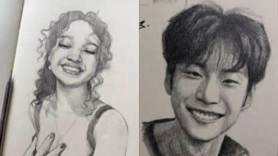 Pencil sketches of two smiling individuals showcasing expressive and detailed portrait art.