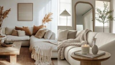 Cozy minimalist living room with neutral tones, soft lighting, and comfortable seating for a relaxing ambiance.