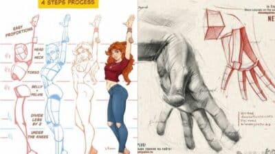 Art tutorial showing four-step character drawing process and hand sketching techniques.