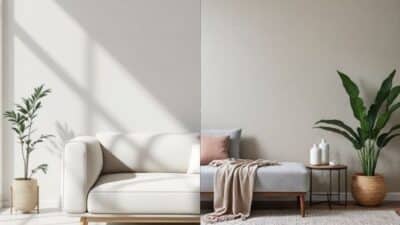 Modern minimalist living room with a white sofa, wooden furniture, and indoor plants, bathed in natural light.