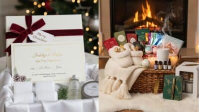Christmas spa gift baskets with certificate, candles, oils, and cozy items by the fireplace, holiday relaxation theme.