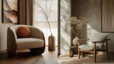 Cozy corner with modern armchairs, soft cushions, and decorative vases in a sunlit, stylish interior.