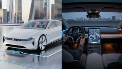 Futuristic electric car design with high-tech dashboard interface in cityscape setting.