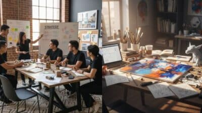 Team collaborating on strategy with creative workspace setup. Whiteboard and art supplies enhance the brainstorming session.