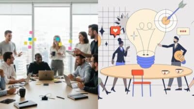 Creative team brainstorming with technology and innovation concept illustration side by side in a meeting room.