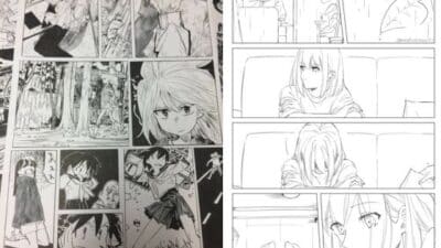 Black and white manga pages featuring various characters and dramatic scenes, showcasing detailed artwork and expressions.