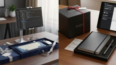 Dual workspace setup with a computer, keyboard, coding on screen, and elegant gift box with notebook and pen.